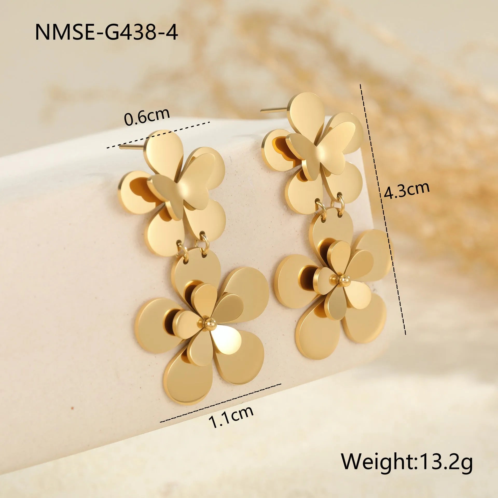 Gold flower butterfly stainless steel earrings with electroplated 18K finish for women