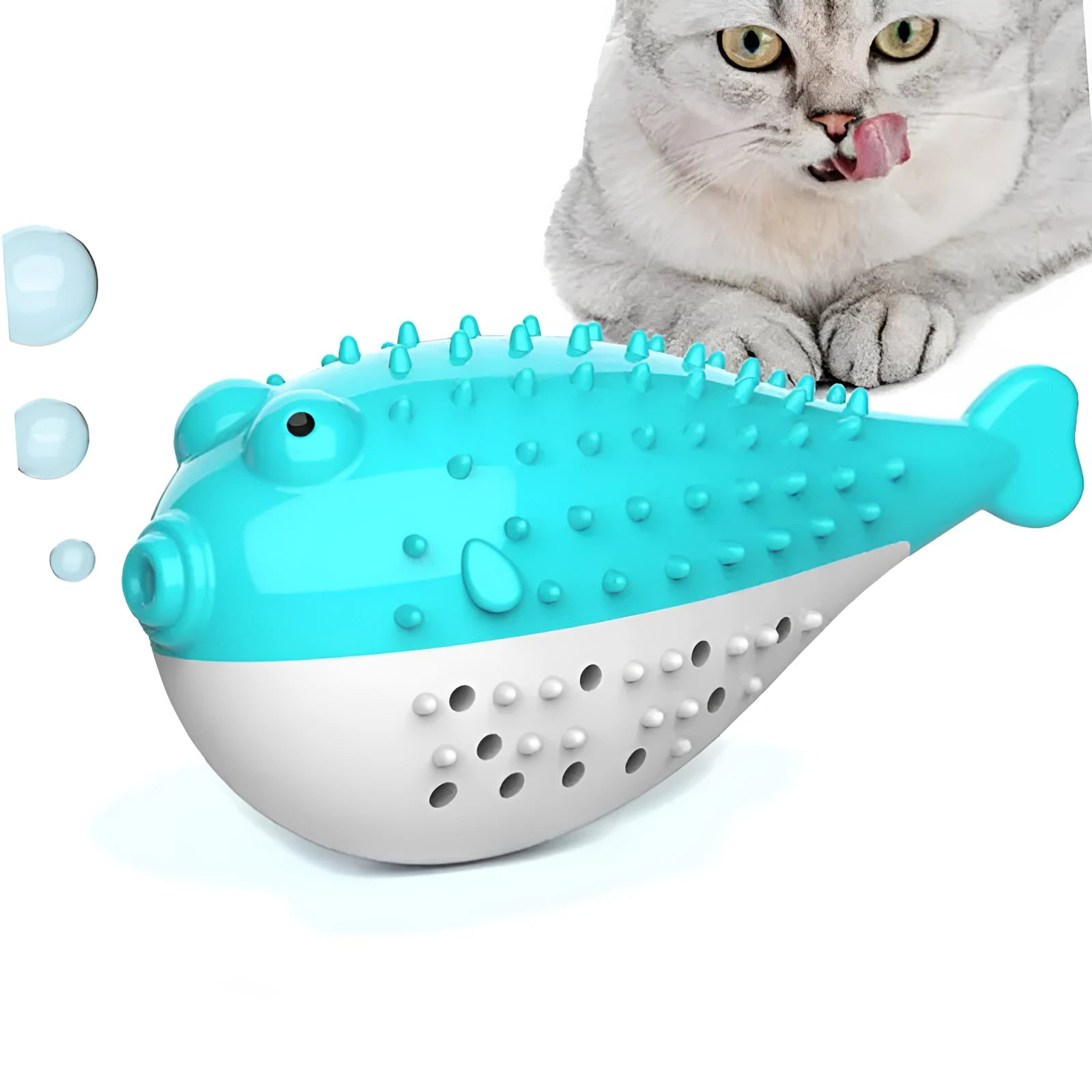 Blue silicone fish-shaped chew toy for cats on a white background.
