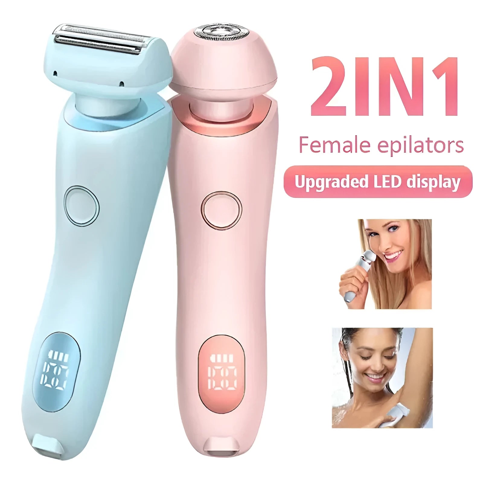 2-in-1 USB rechargeable electric shaver for women with square and round heads, pink colour, for whole body hair removal
