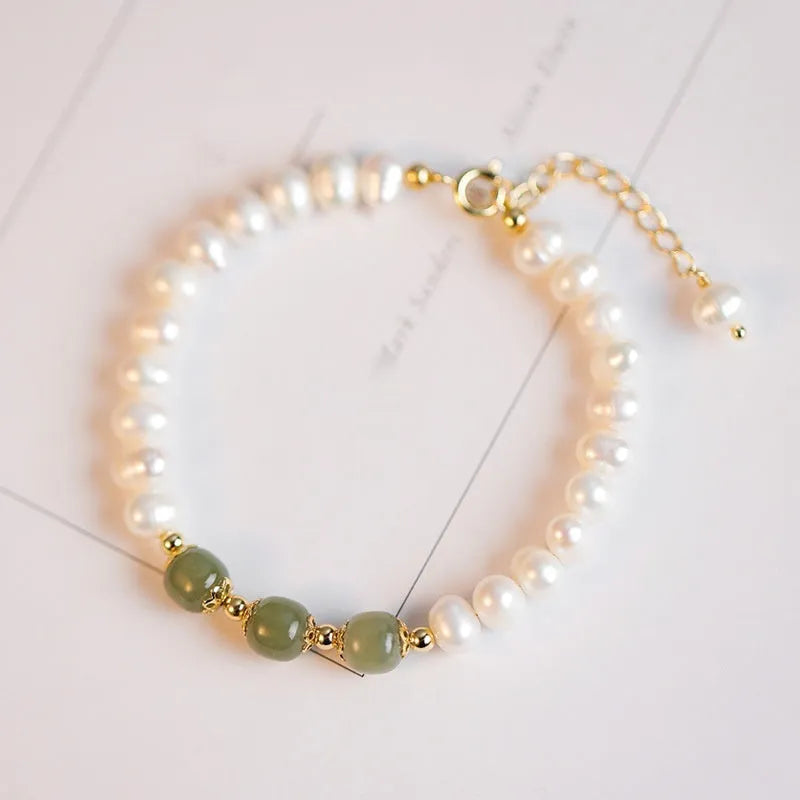 Diamond-shaped freshwater pearl bracelet with electroplated Hetian jade colour in deep or light tone options