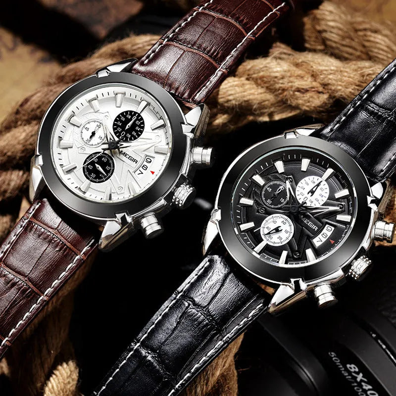 Men's multifunctional quartz watch with three-eye dial, luminous hands, waterproof case, 15mm thickness.