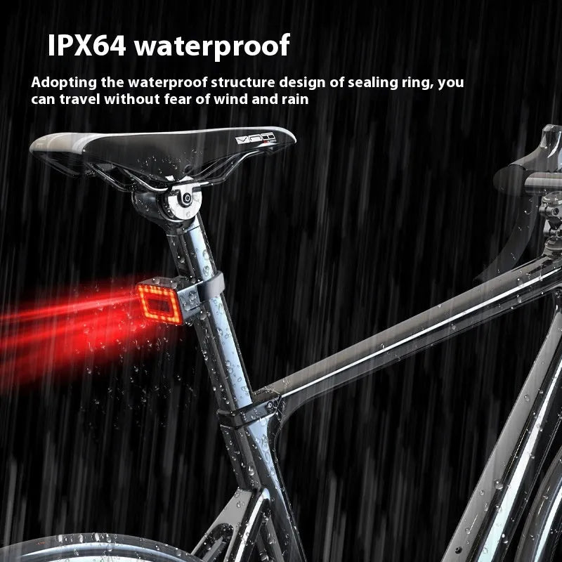 Smart radar bicycle taillight with double bracket mount showing dimensions and TYPE-C charging port