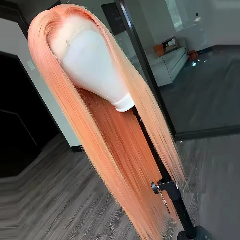 Light orange long straight front lace synthetic wig on display stand showing natural hairline