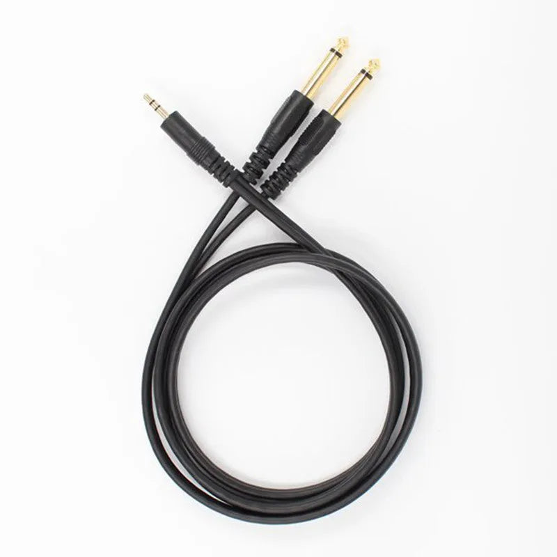 3.5mm to dual 6.5mm male audio cable with gold-plated connectors and black PVC finish