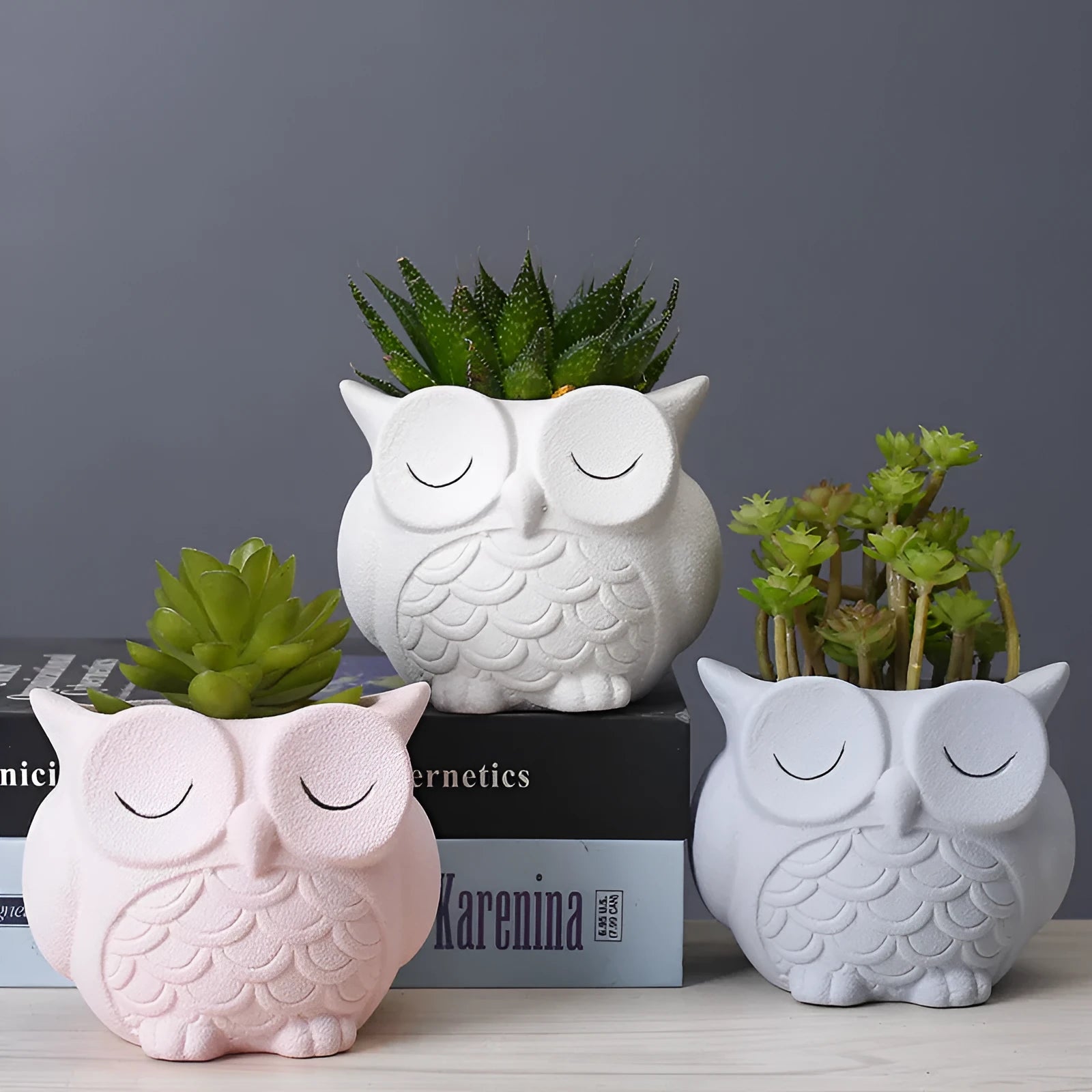 Handmade ceramic owl succulent pot with frosted finish in light pink colour