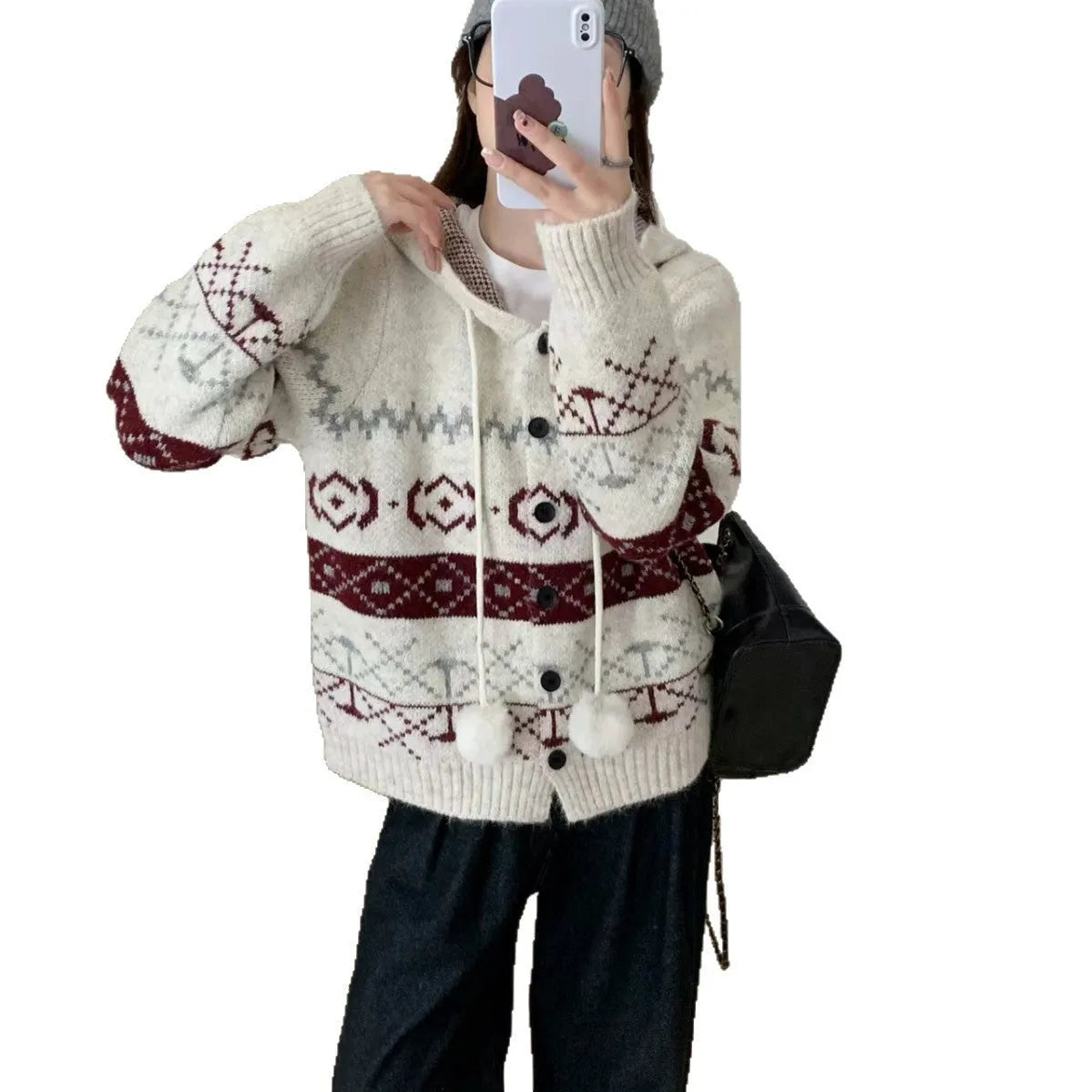 Plus size women's loose fit brocade sweater coat with geometric pattern in beige