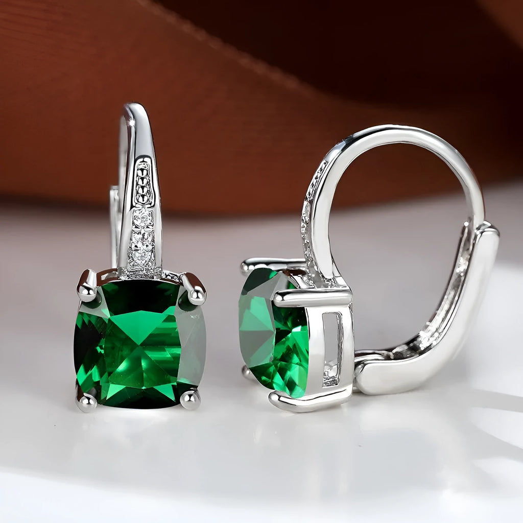 Square geometric ear hooks with round zircon inlays in gold, platinum, or rose gold finish