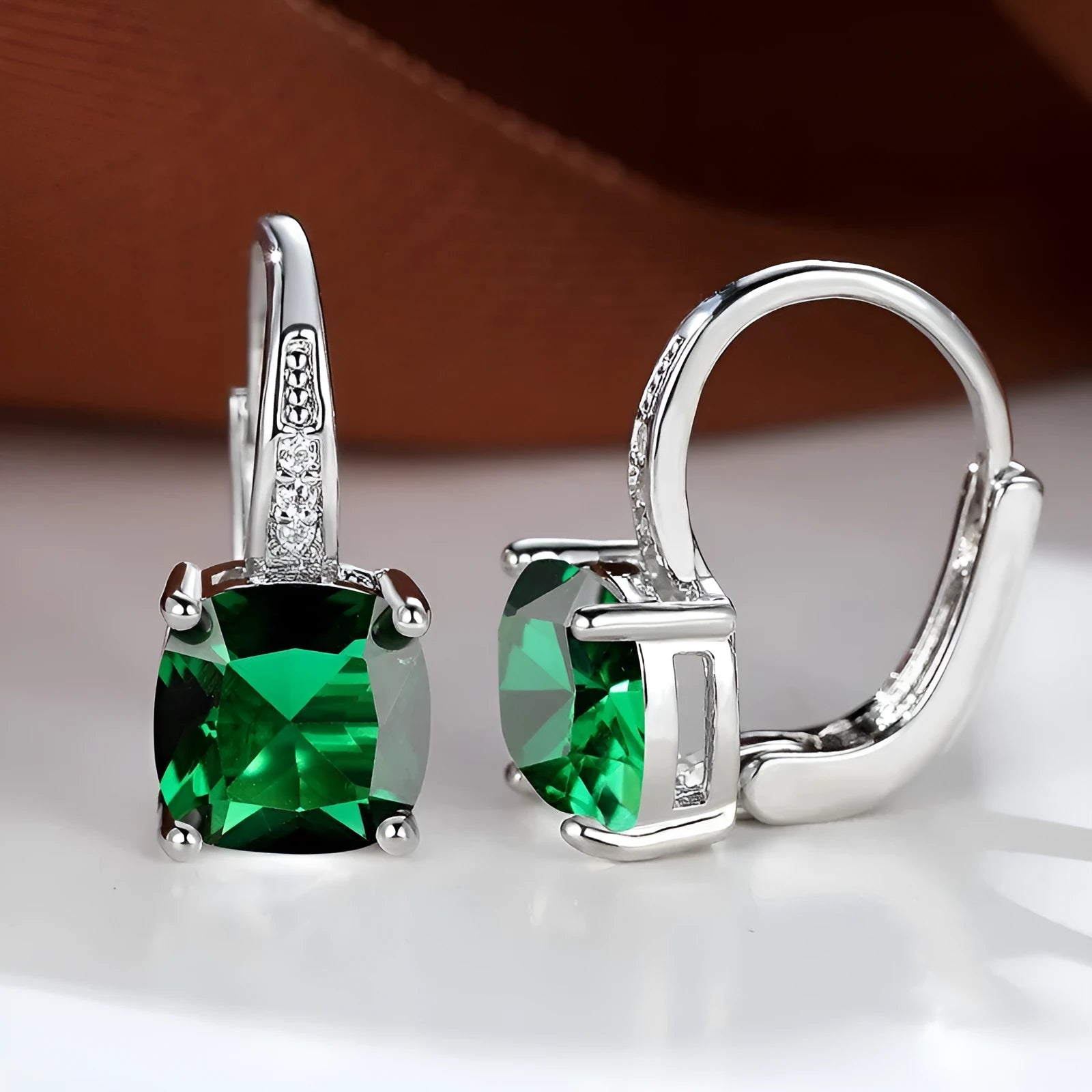 Square geometric ear hooks with round zircon inlays in gold, platinum, or rose gold finish
