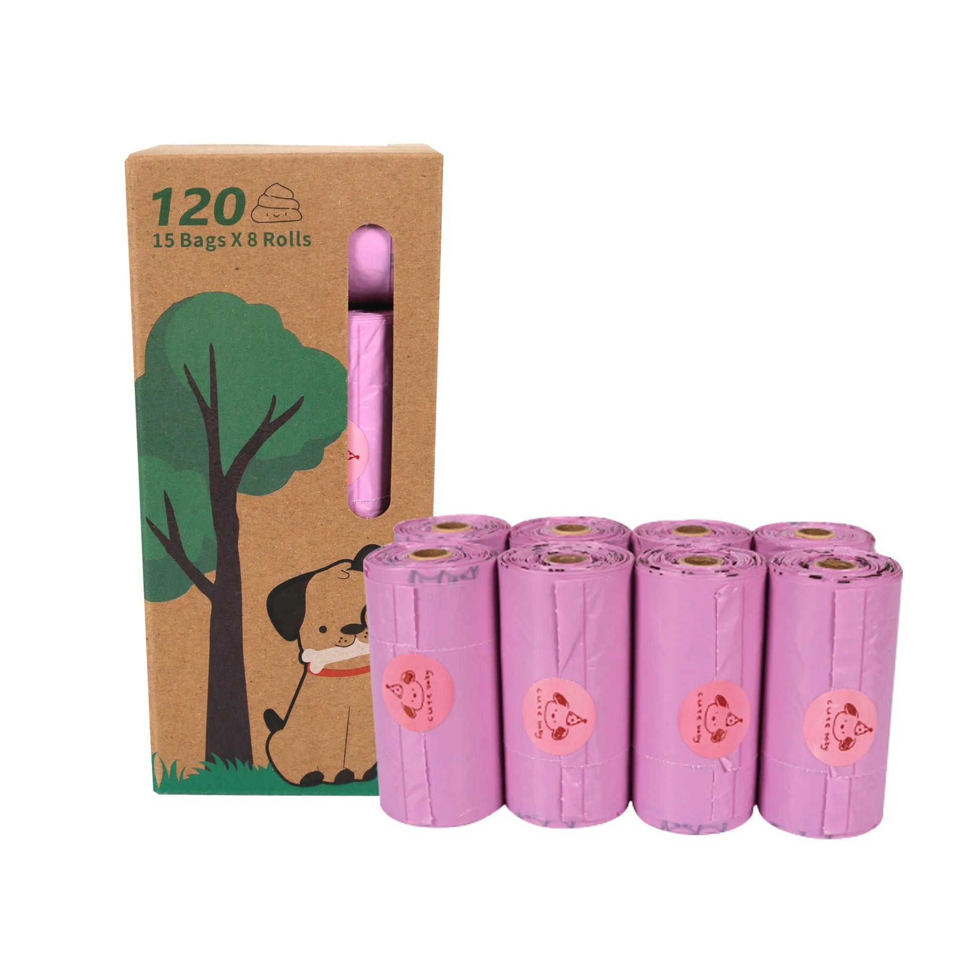 Degradable dog poop bags in military green with black bone print, showing roll format and bag dimensions