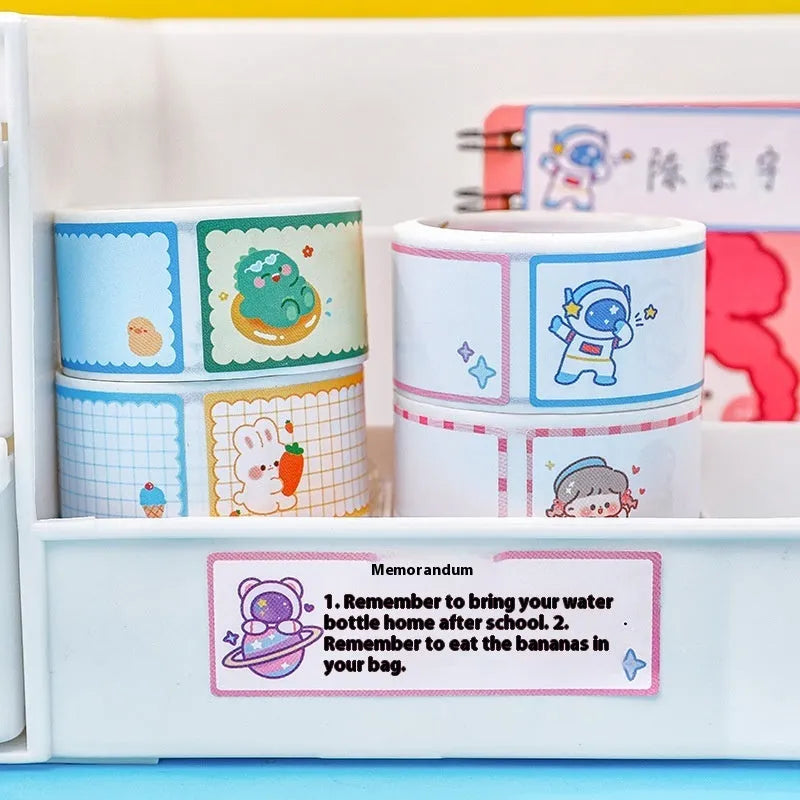 Cartoon tape name stickers in dinosaur, astronaut, rabbit and girl designs with 60 stickers per roll
