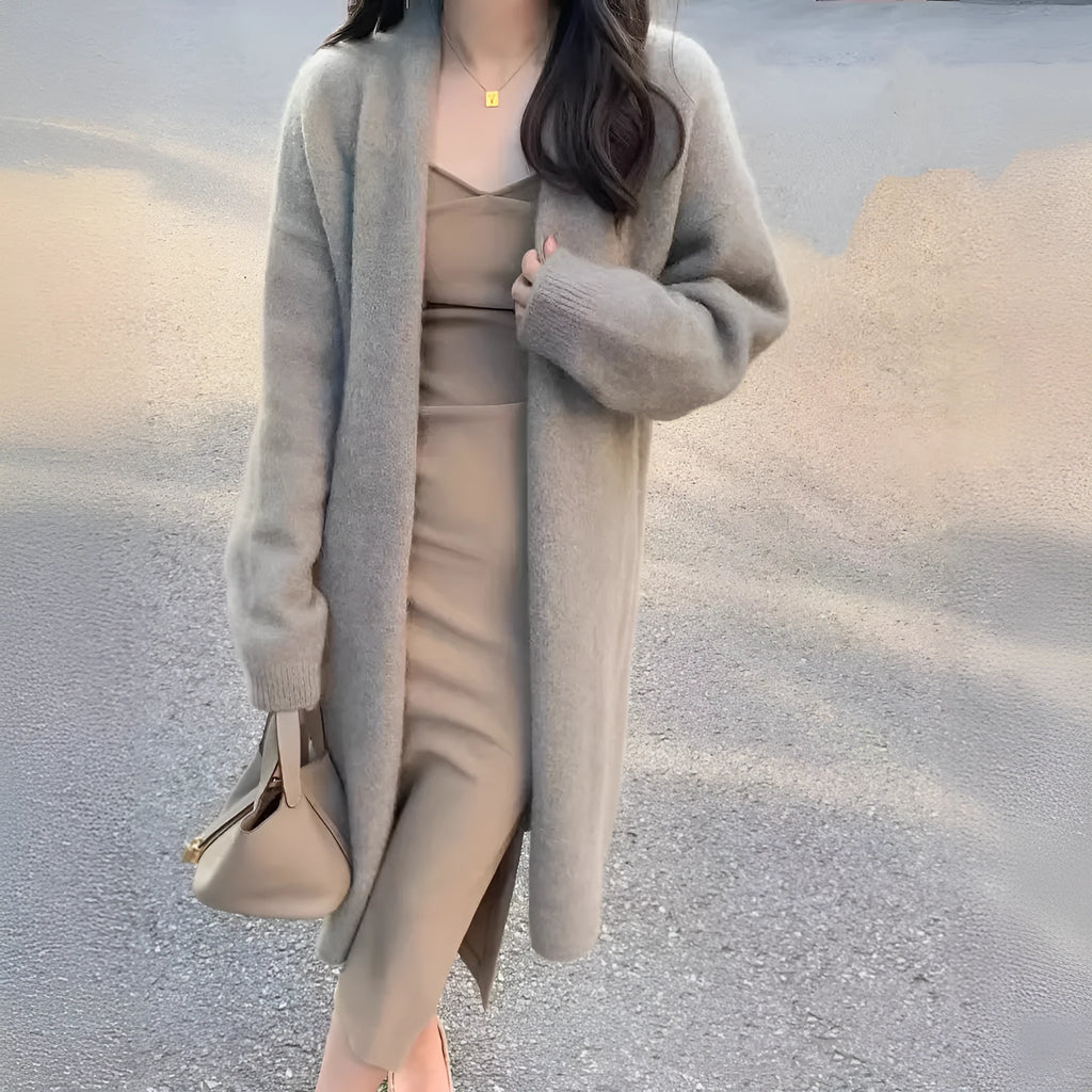 Women's knitted cardigan with V-neck and mid-length 65cm design in multiple colour options