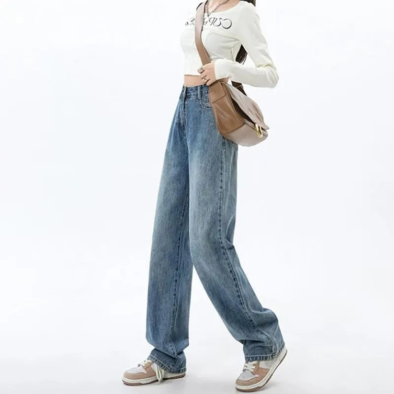 Women's retro blue high waist wide leg jeans with straight leg design and spandex denim fabric