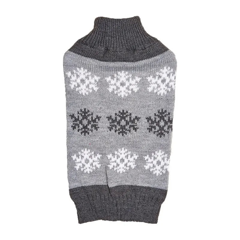 Grey and brown snowflake pattern acrylic dog sweater shown in sizes from XXS to XL.