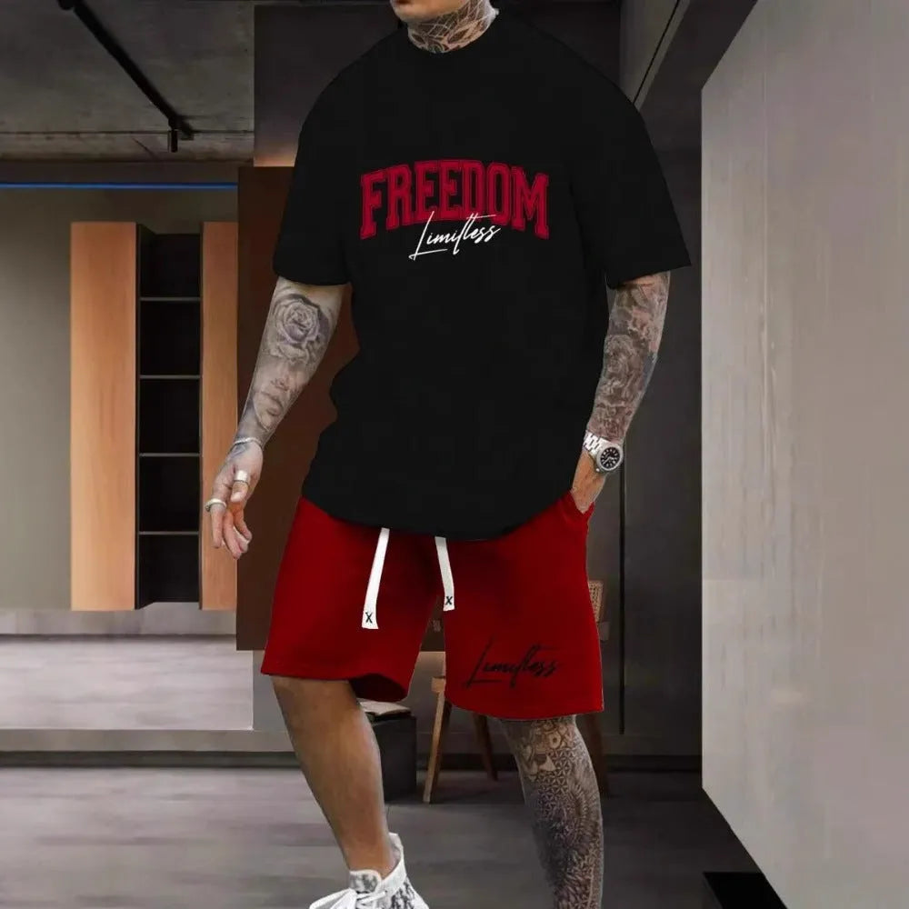 Men's 3D printed letter personality suit with short sleeve top and matching shorts in polyester