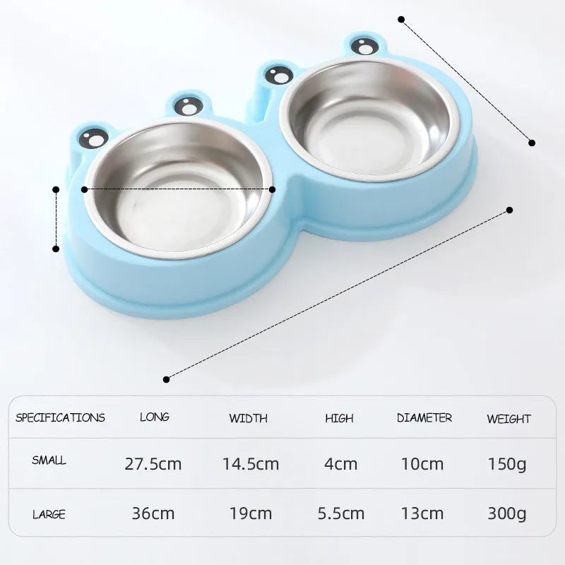 Stainless steel pet double bowl with food and water compartments in blue, green, and pink colour options