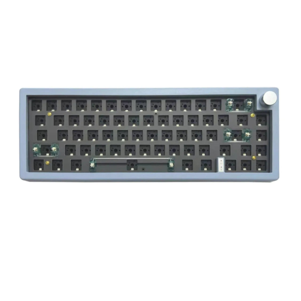 DIY mechanical keyboard kit components with RGB keys and knob on a black ABS case.