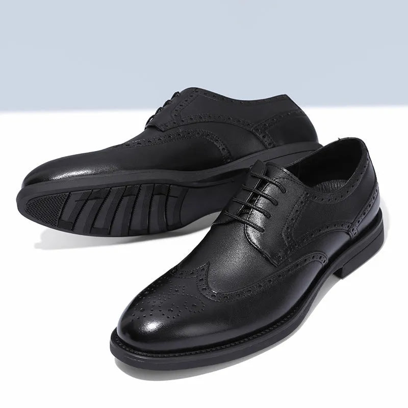 Men's black and brown brogue leather business shoes with traditional perforated decoration
