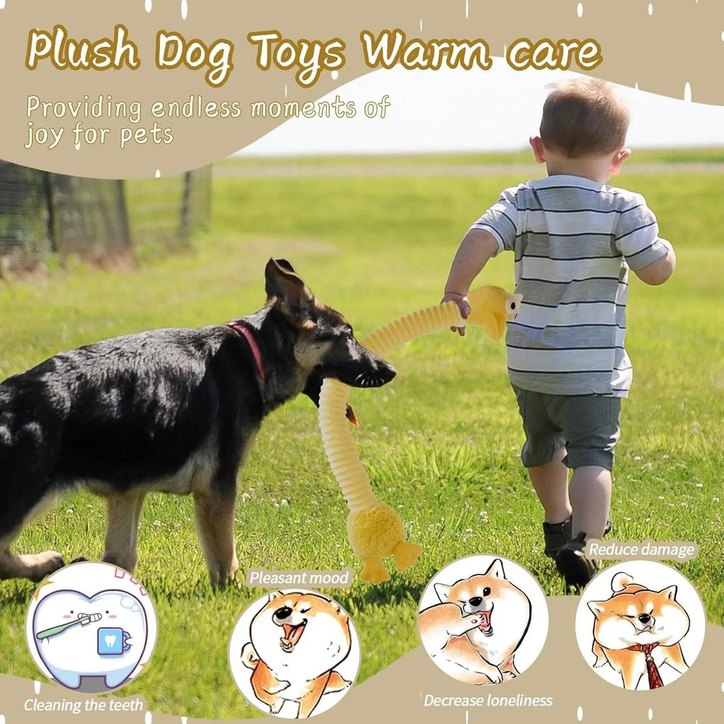 Brown, grey, and yellow plush dog toys with squeaker and crinkle sound features