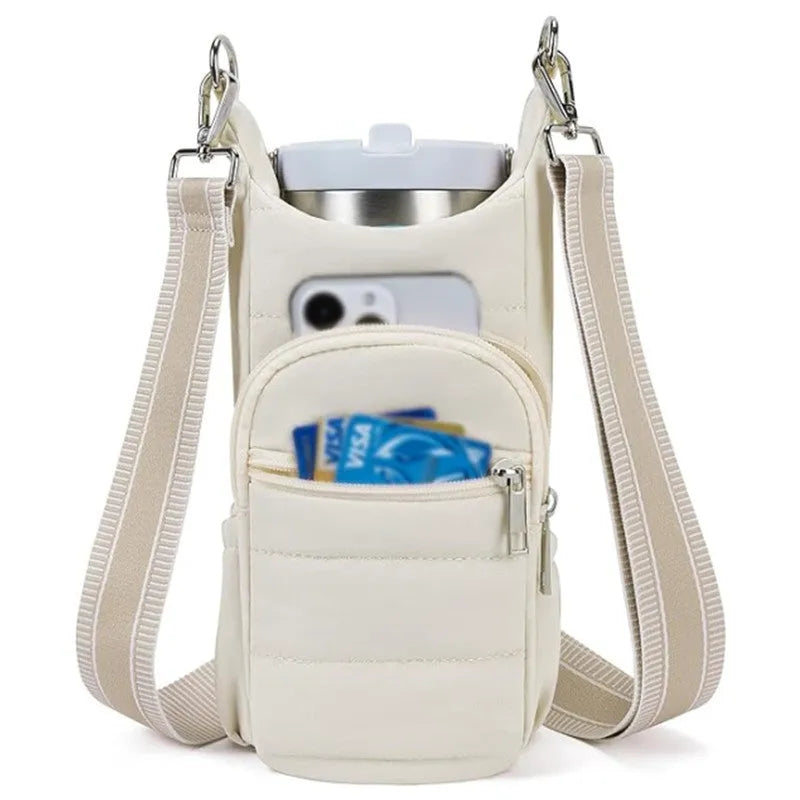 Cloth water bottle bag mounted on bicycle handlebars in beige colour