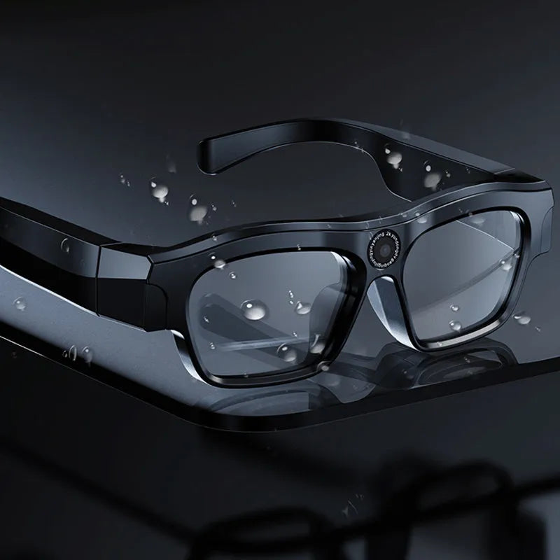 Black smart Bluetooth glasses with integrated camera for head-mounted video recording