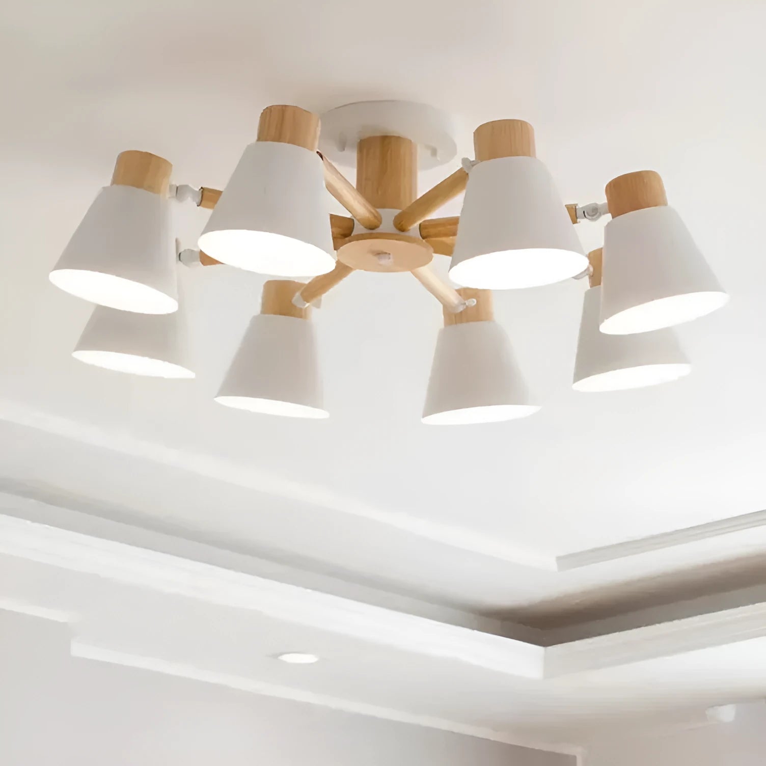 Nordic Macaron style ceiling pendant light with ironwood frame, shown in a two-tone colour option with multiple light heads.