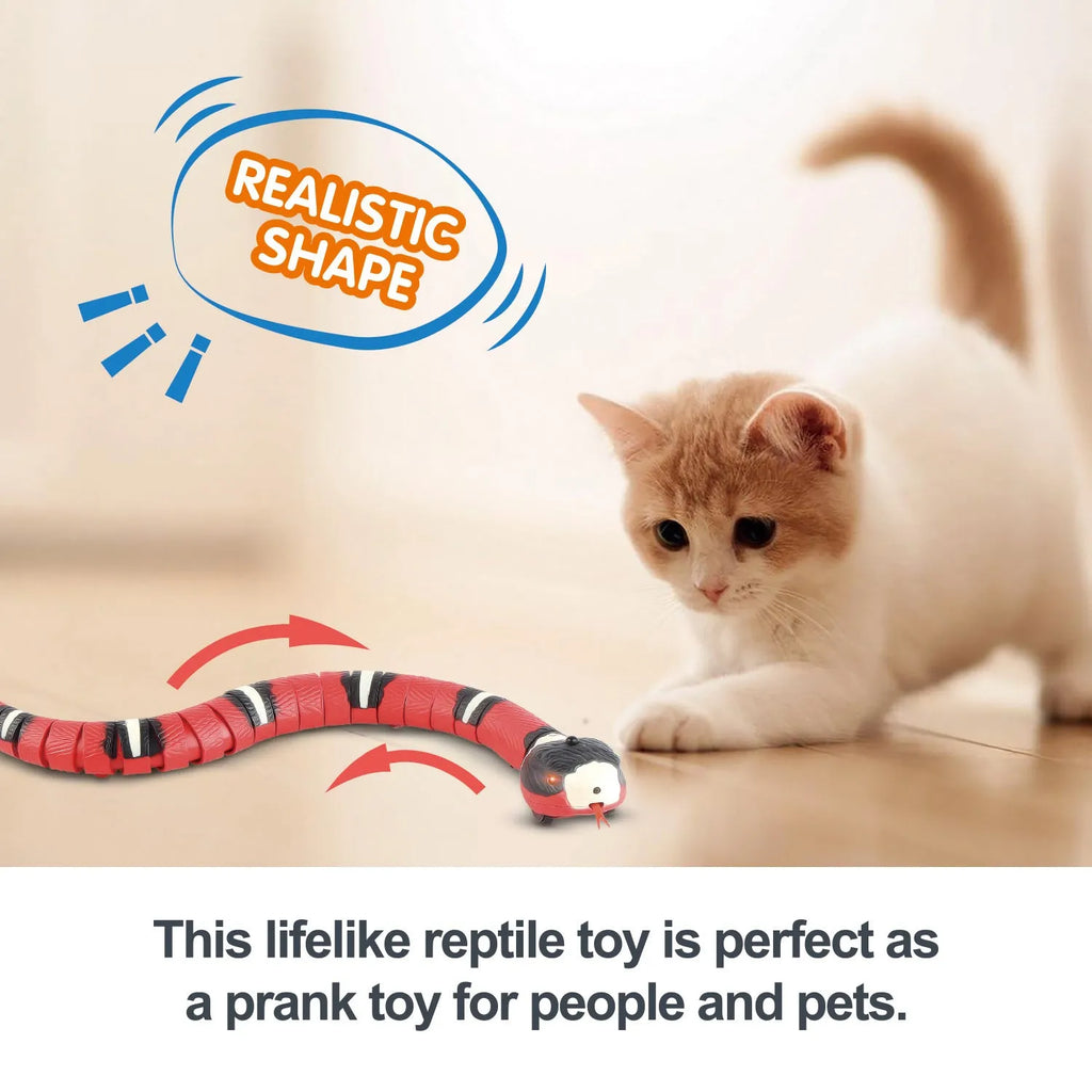 Smart sensing interactive snake cat toy with segmented plastic body and USB charging