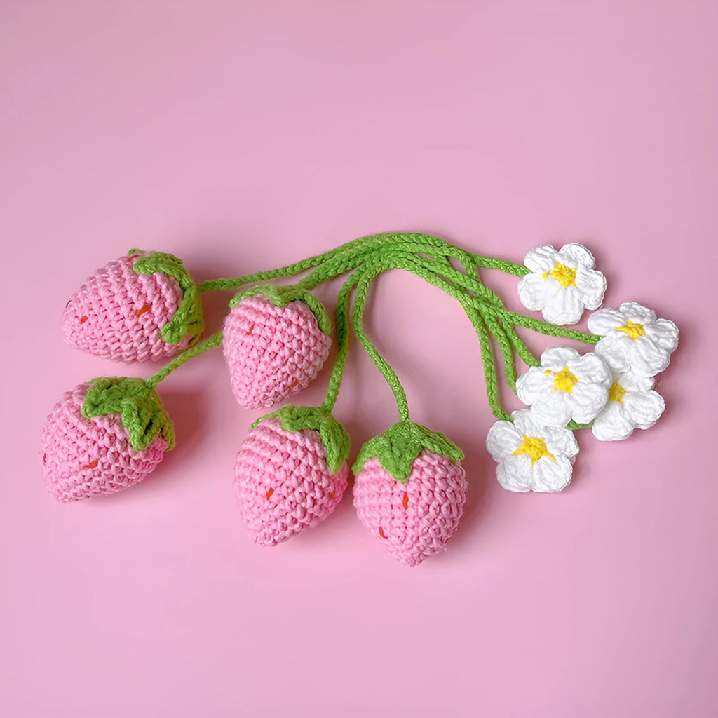 Handmade wool crochet woven strawberry pendant on 35cm cord, available in red or pink colours