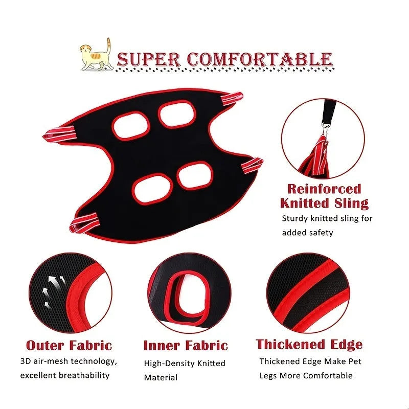 Pet grooming hammock restraint bag in four sizes hanging for cat and dog nail trimming and bathing.