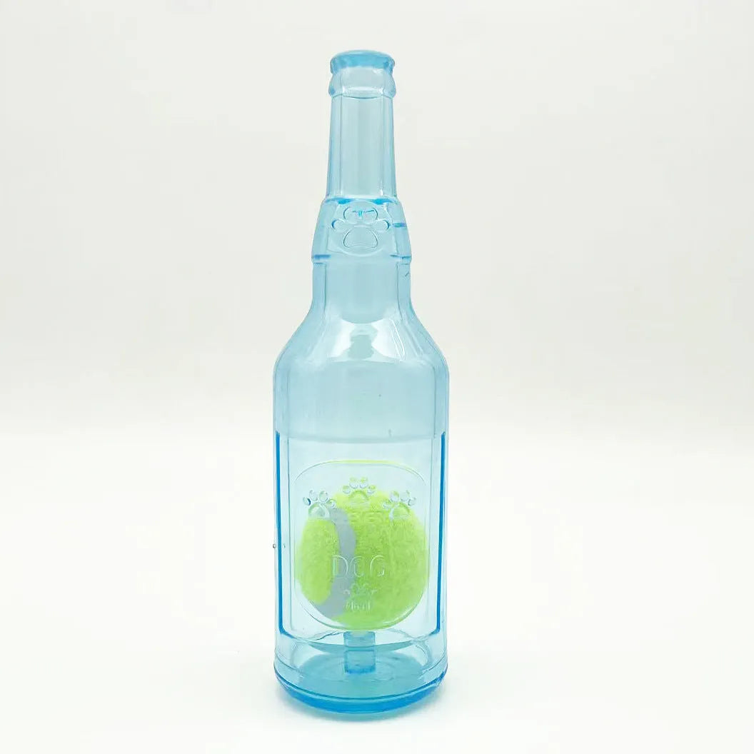 Blue natural rubber dog toy shaped like a water bottle with a squeaker tail.