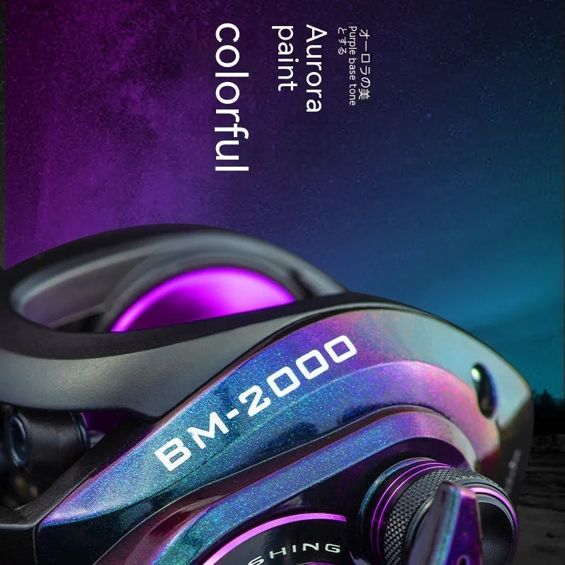 Colourful BM2000 fishing reel with magnetic brake system, shown in left-hand and right-hand retrieve options.