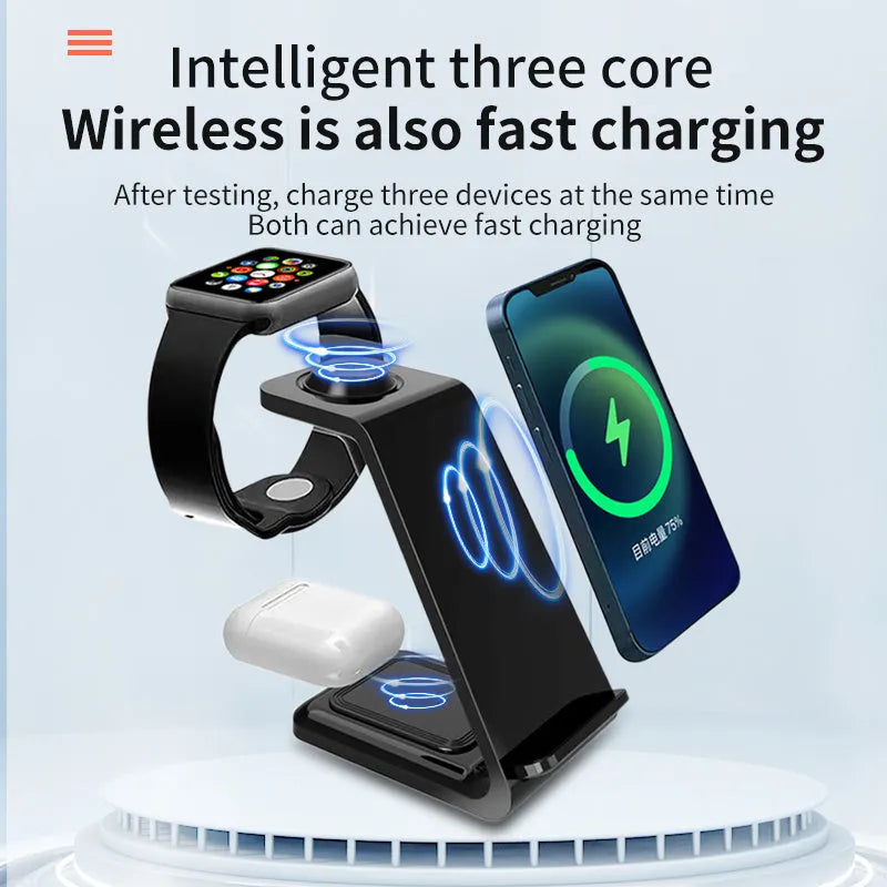 White 3-in-1 upright wireless charging phone holder stand with dual coil charging surface