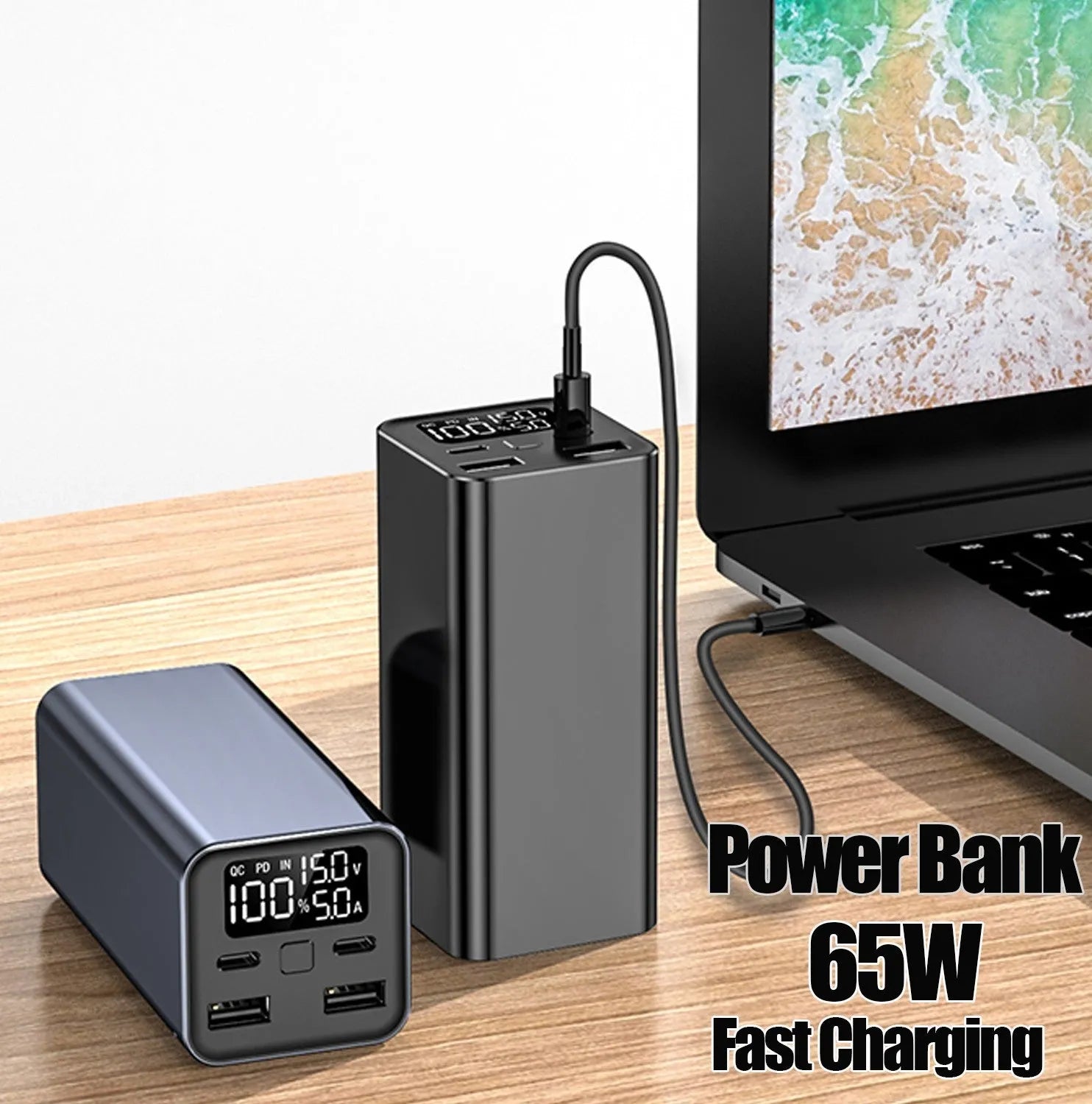 Metal laptop charging bank with 65W output and 20000mAh capacity in black, blue, or grey colours