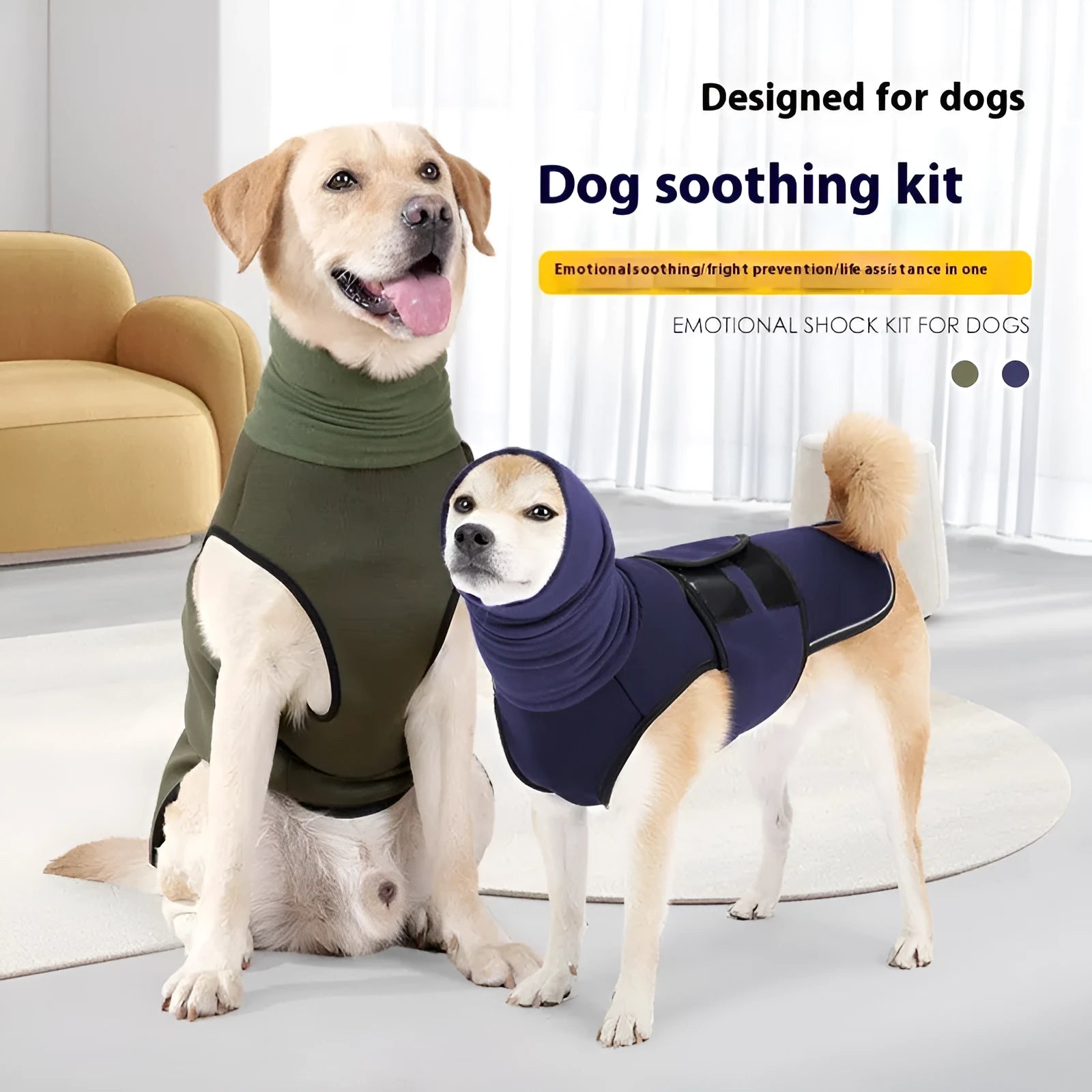 Polyester dog anti-anxiety jacket in army green or dark blue colour options