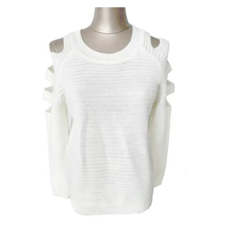 Women's white rabbit fur hollow-out knitted shirt with crochet design and round neckline