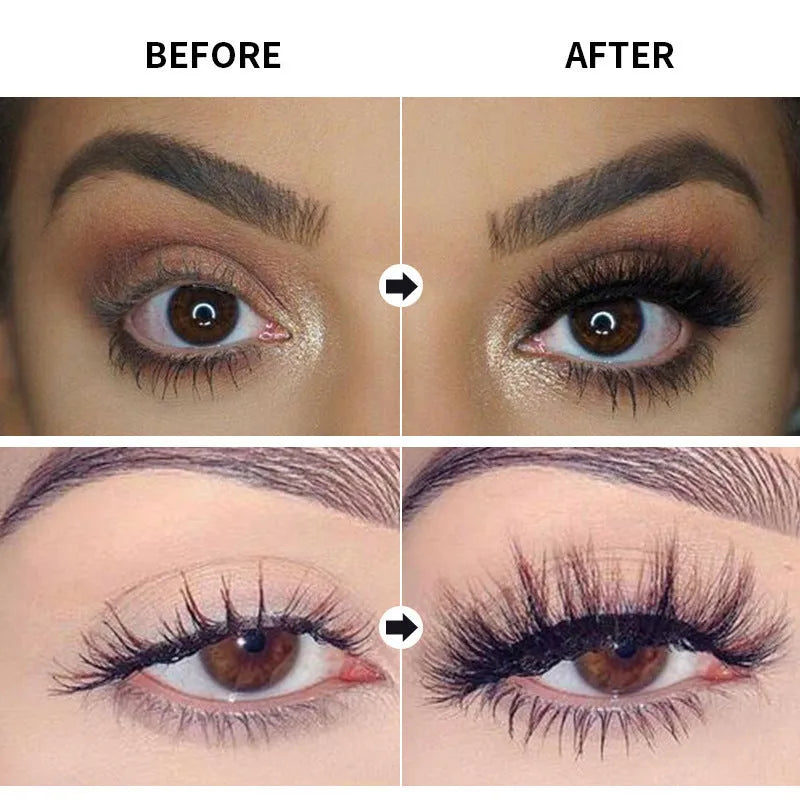 Black waterproof and sweat-proof mascara for thick, curled lashes, shown with OPP bag or colour box packaging.