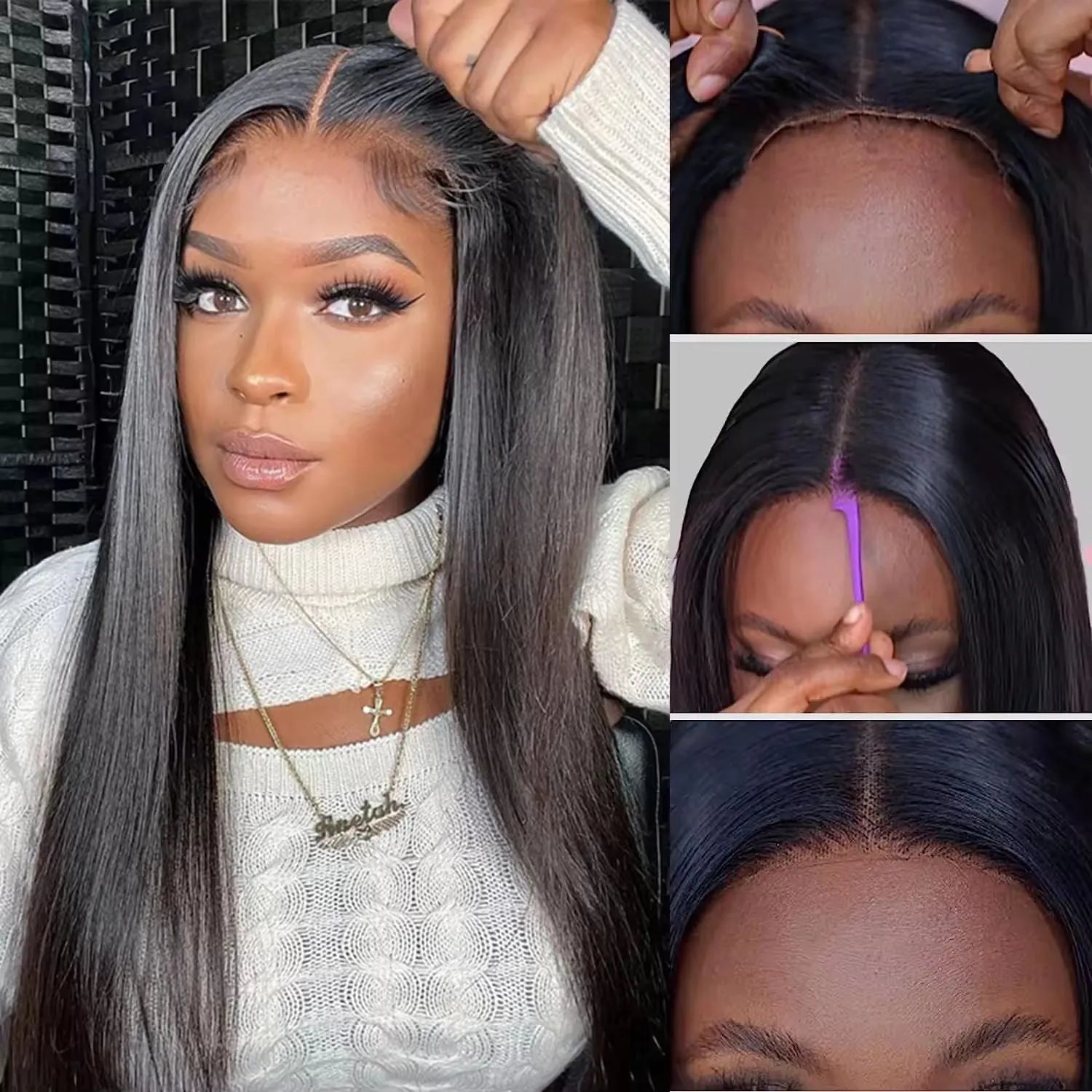 Glueless straight human hair wig with side bangs shown in natural black colour.