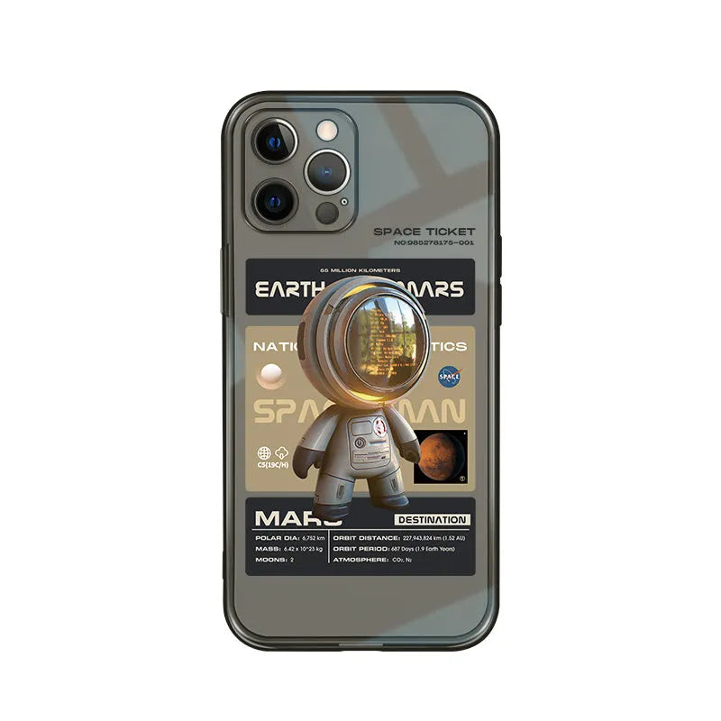 Black TPU iPhone case showing Mars Ticket design on iPhone 13 Pro Max with precise camera and port cutouts