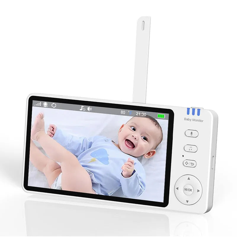 White HD wireless baby monitor with a 5-inch screen on a table.