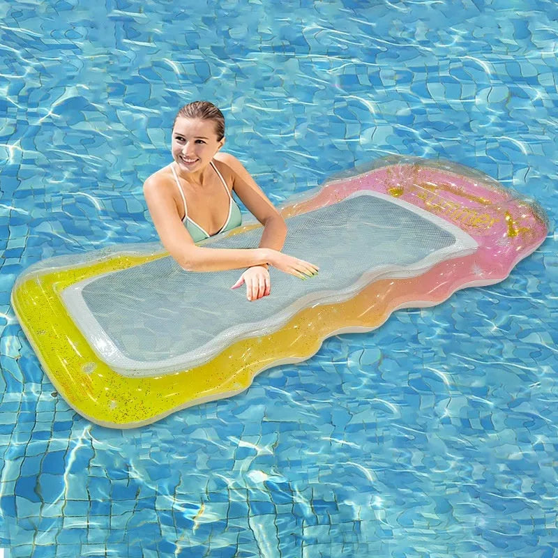 PVC inflatable floating row pool lounger in a mesh deck chair design with bright gradient colour wave.
