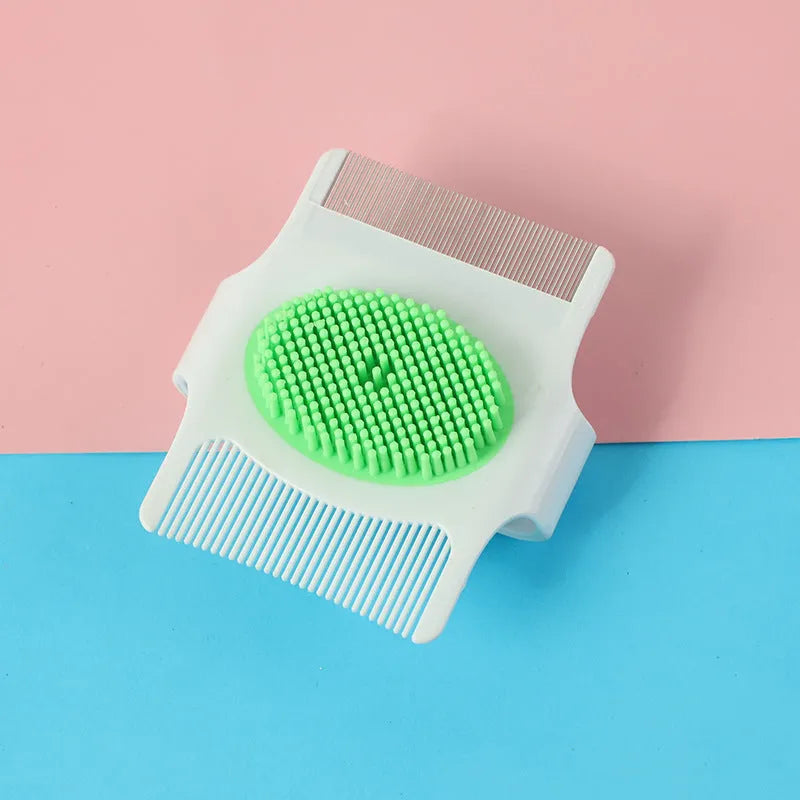 Blue and green multifunctional dog grooming comb with floating hair removal and massage feature
