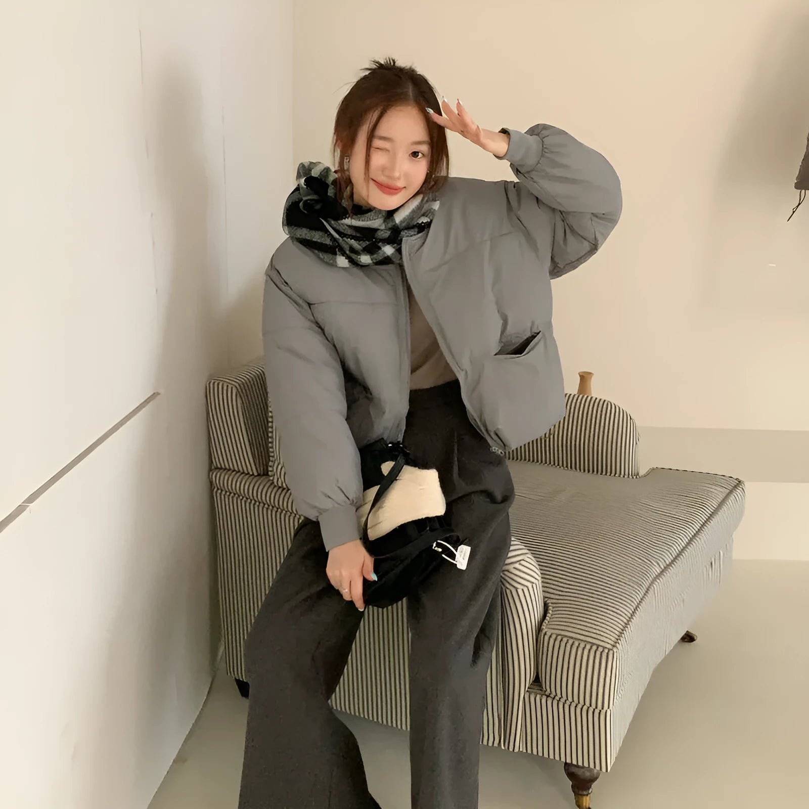 Gray loose short down jacket for women plus size with pocket details, solid colour
