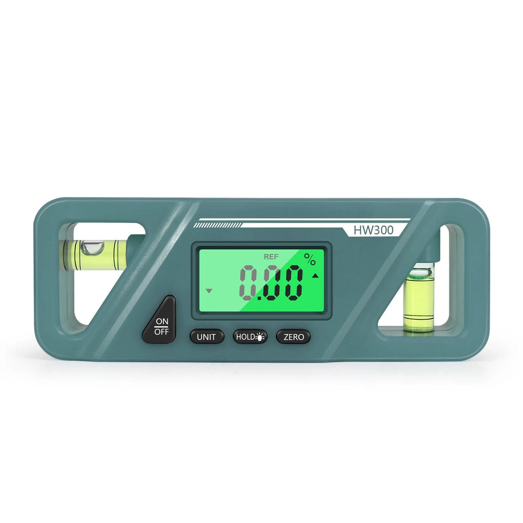 HW300 digital magnetic inclinometer level meter showing angle on display.