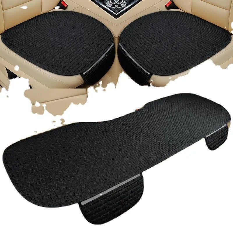 Linen car cushion set showing classic black and red, charm coffee, and warm cream colour options