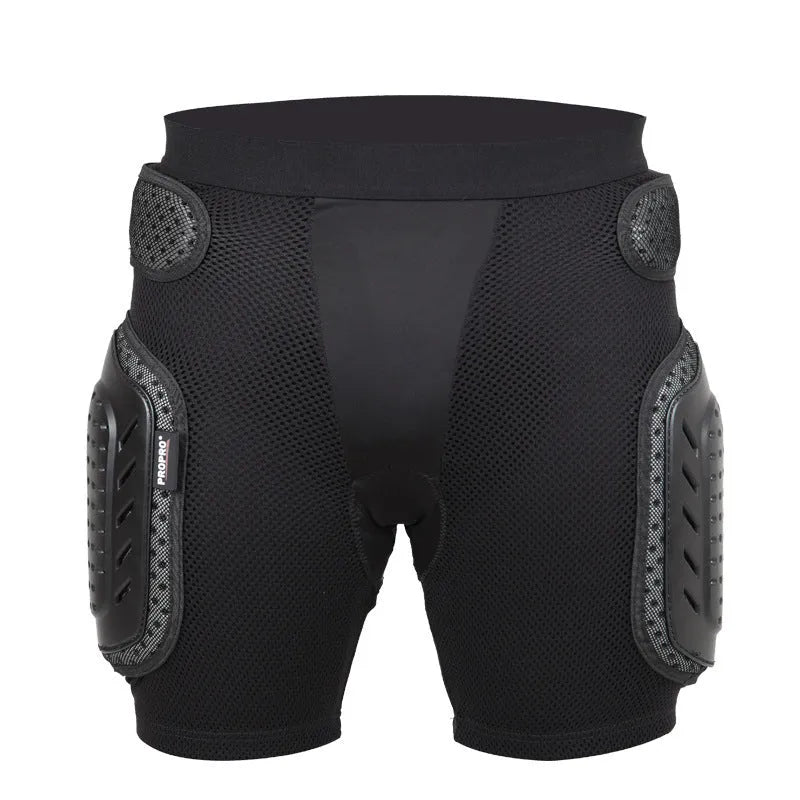Black cycling hip pad protective pants shown in available sizes S, M, L, and XL