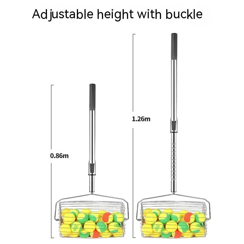 Stainless steel roller tennis ball picker with handle on a court