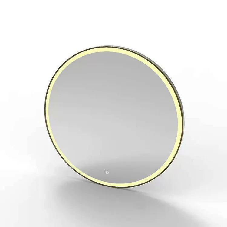 Round black aluminium framed wall mirror with integrated LED lighting and touch controls.