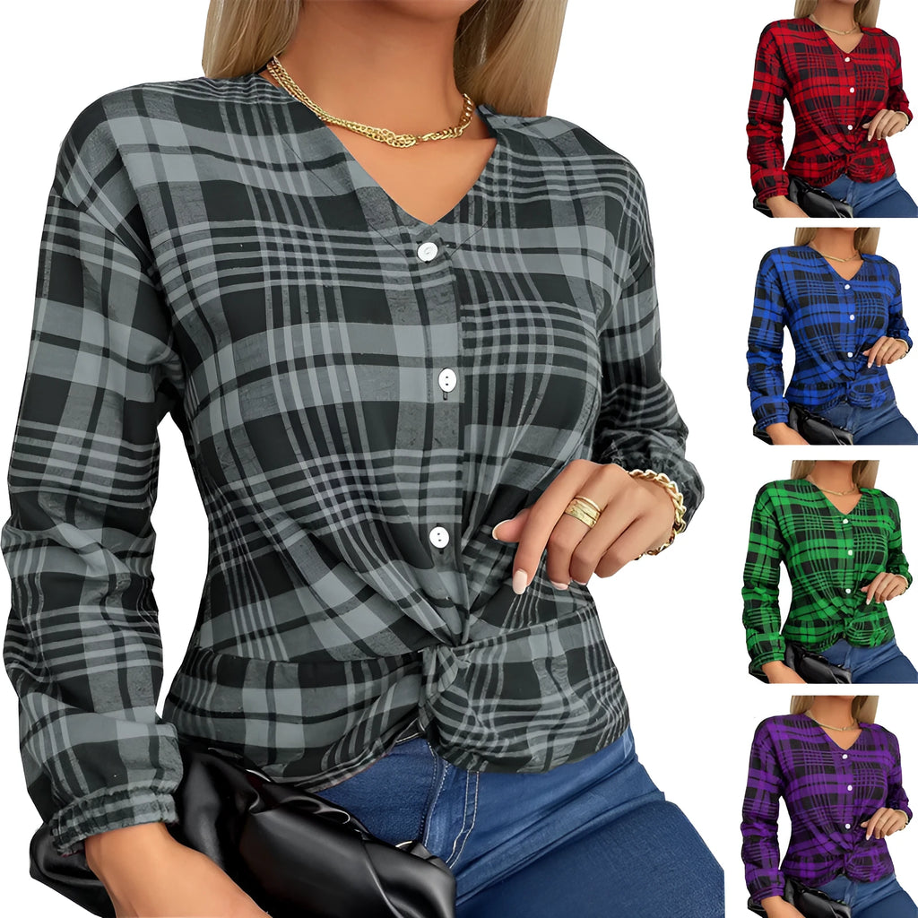Women's loose fit plaid casual shirt in polyester fabric available in grey, purple or red colours