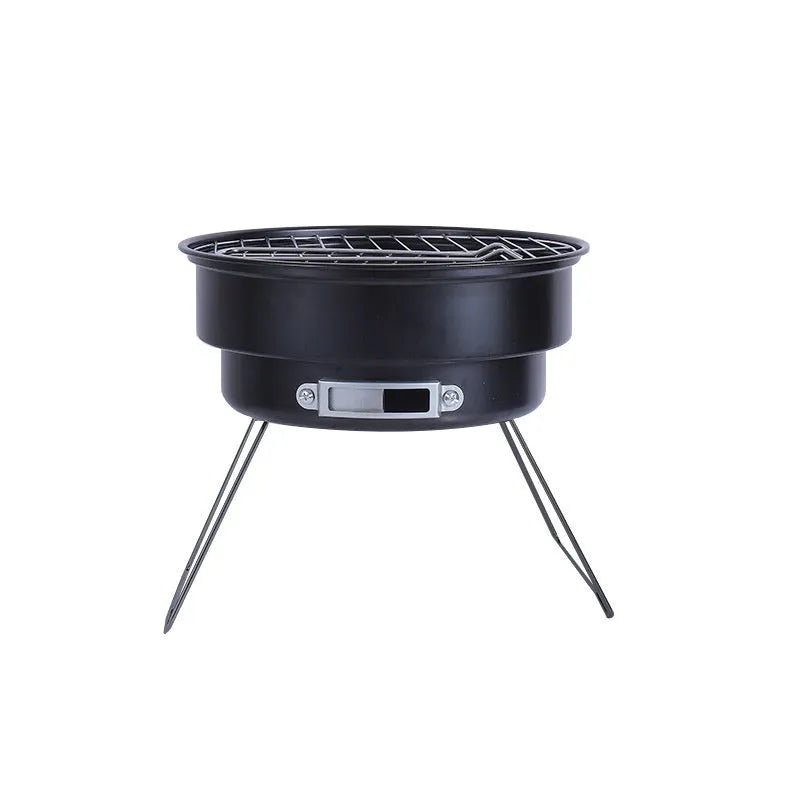 Small round folding outdoor stove with grill mesh and furnace legs for 1-2 person barbecues