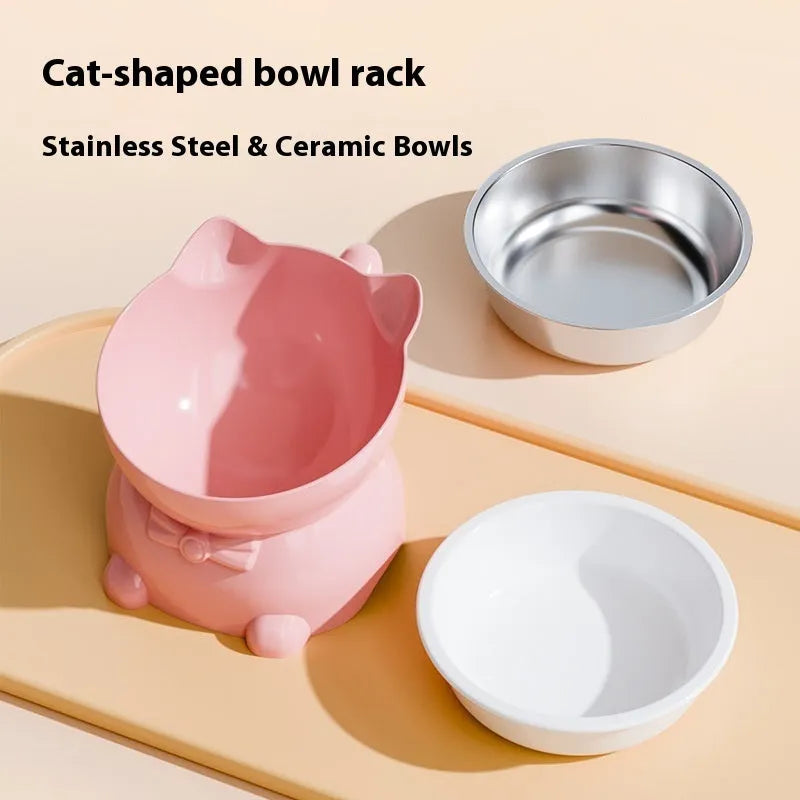Stainless steel oblique cat bowl with non-slip base in blue colour