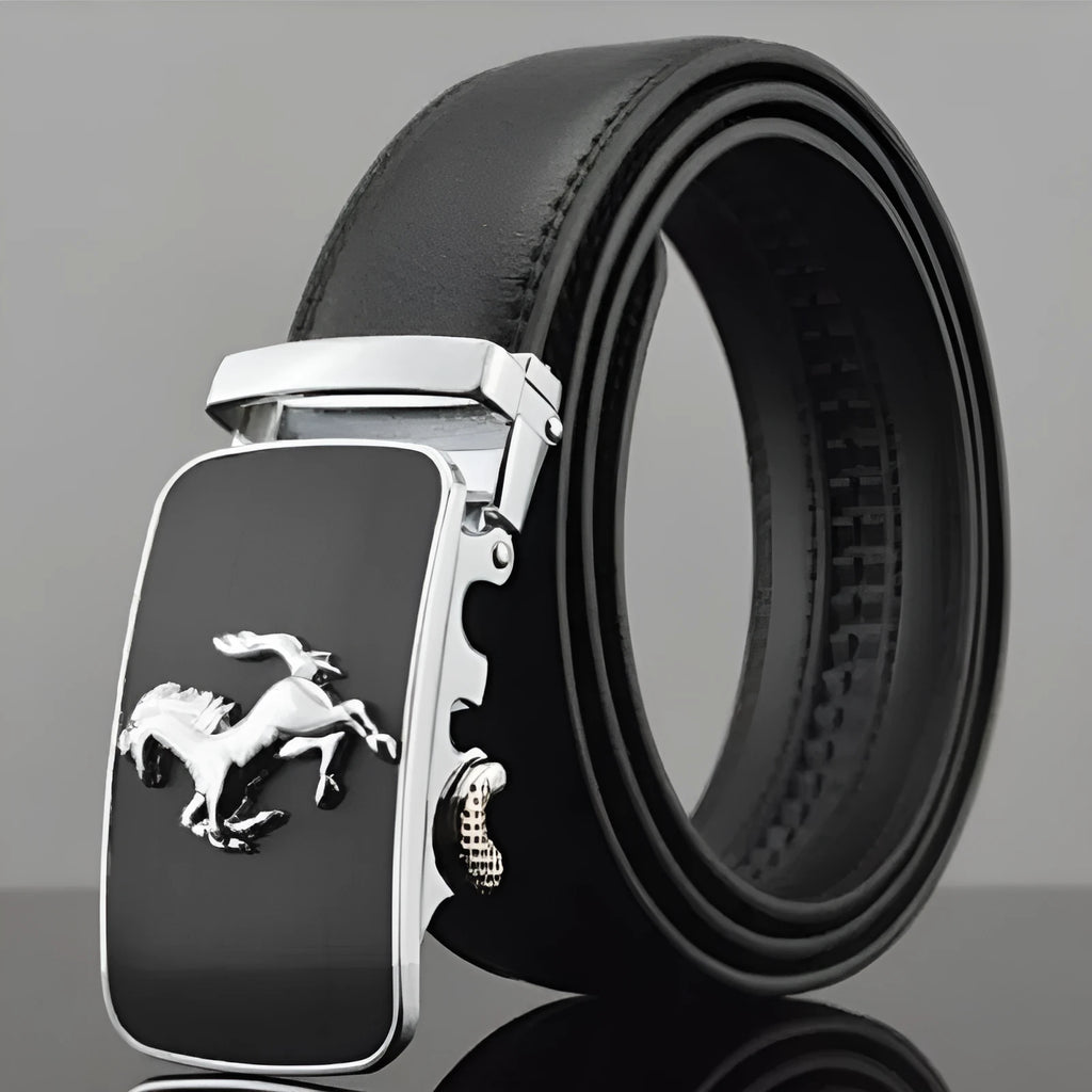Men's automatic buckle leather belt in cowhide with adjustable length and multiple buckle options